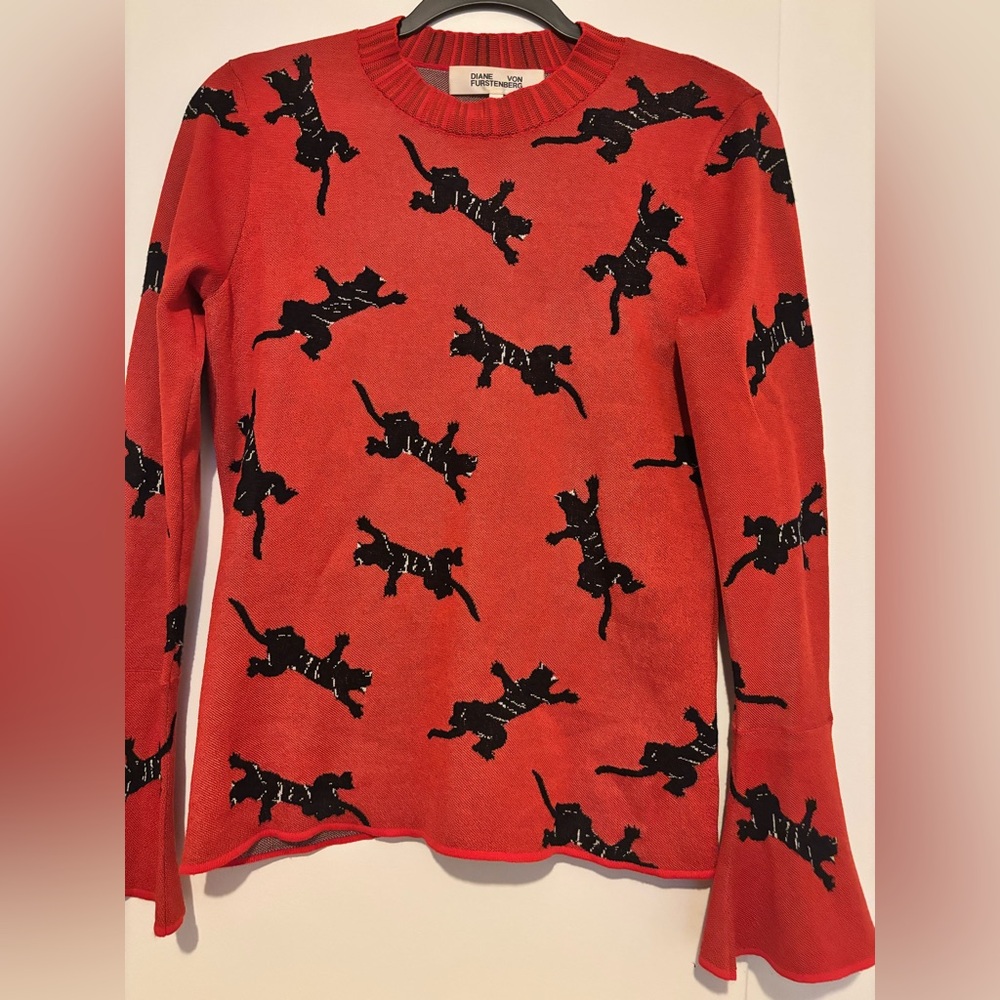 Diane Von Furstenberg Red Sweater with Black Panther Print